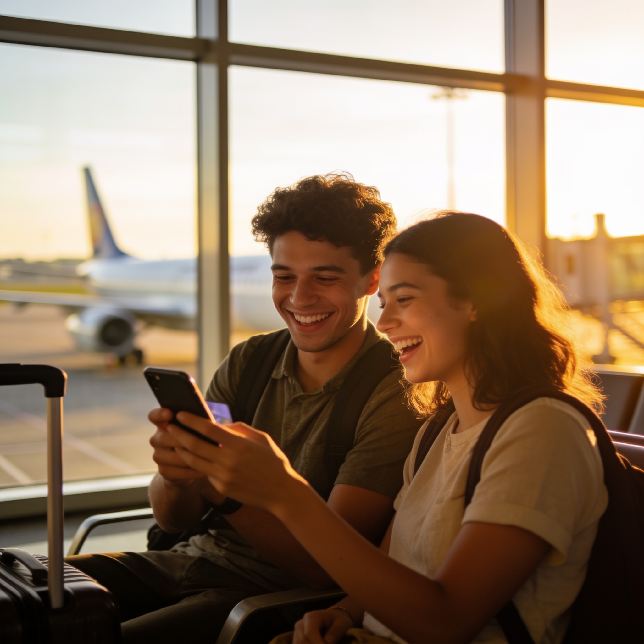 Two travellers laughing together over a phone in a sunlit airport departure lounge