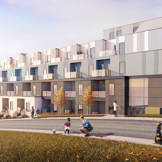 Warm evening exterior of The Versant with tree-lined 17th Avenue street