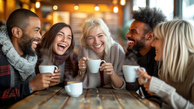 Friends enjoying coffee at a neighbourhood café