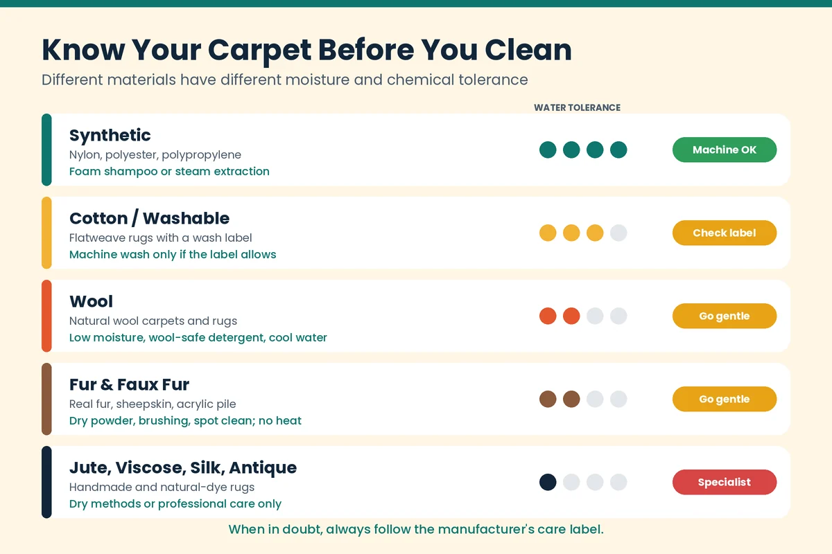 Carpet fibre types and safe cleaning methods for synthetic, cotton, wool, fur, jute, viscose and silk rugs
