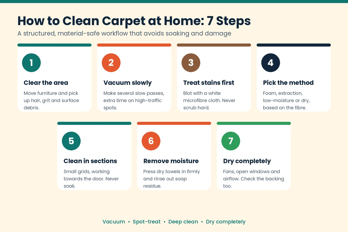 Seven step process to clean carpet at home, from vacuuming to complete drying