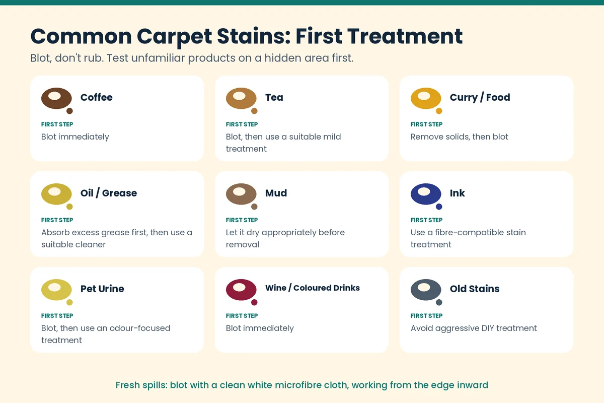 Chart of first treatments for common carpet stains like coffee, tea, curry, grease, ink and pet urine