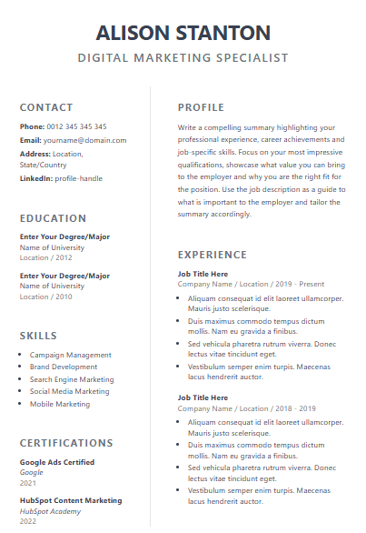 A classic and traditional CV template, focused on readability.