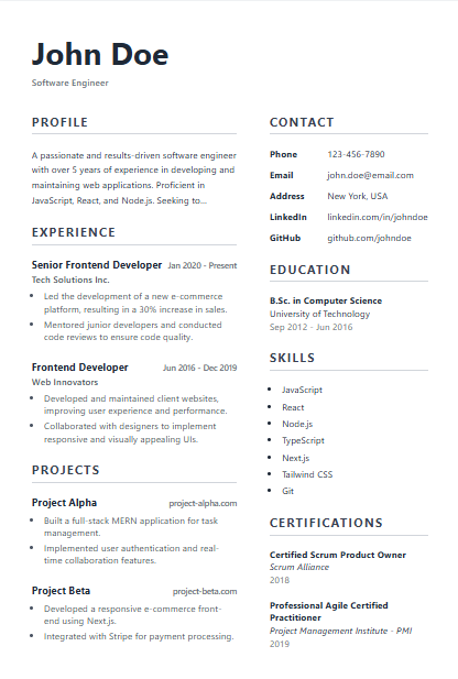 A modern and clean CV template with a sidebar.