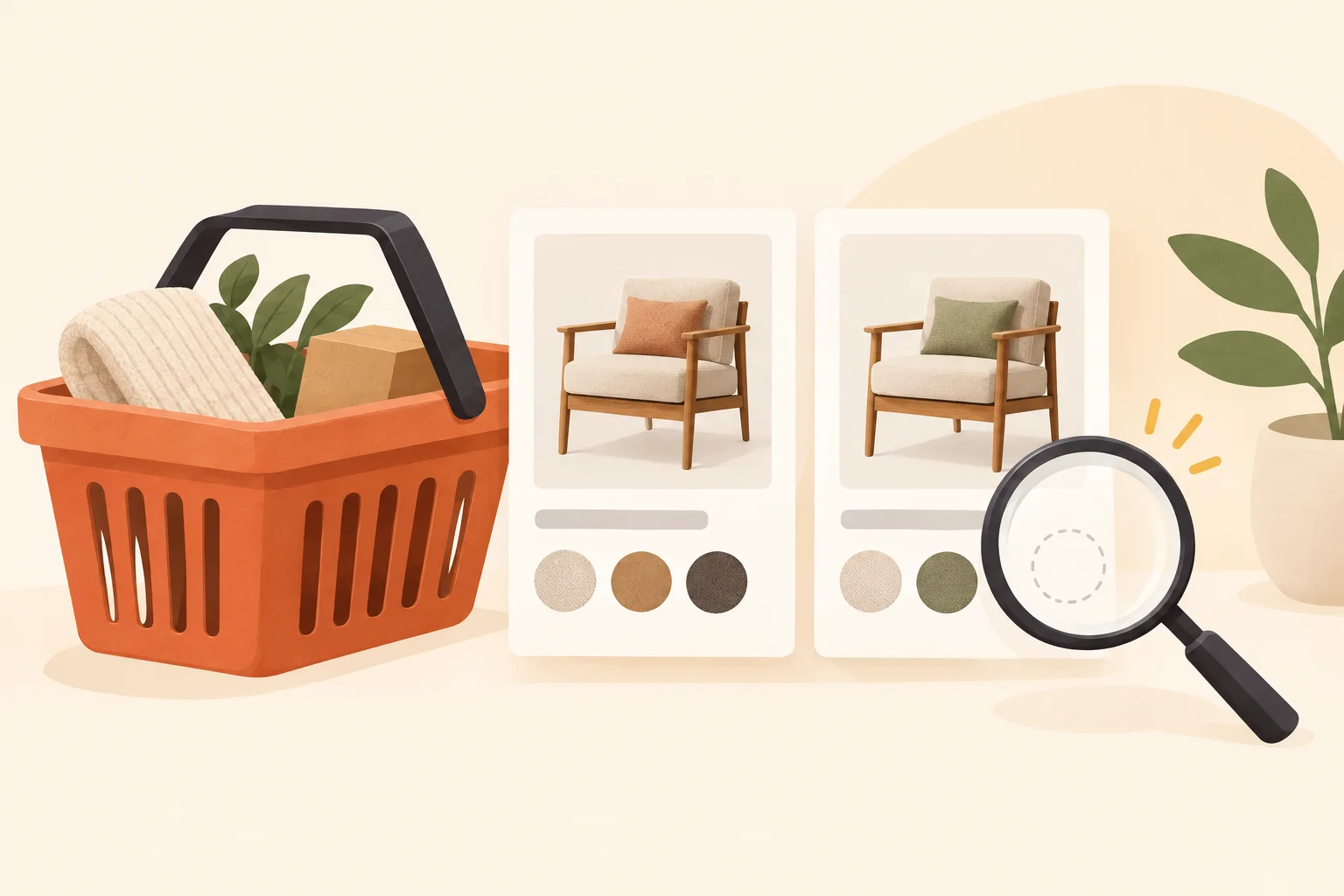 A simple editorial illustration of a shopping basket beside two matching product cards, with a magnifying glass highlighting a missing material swatch, using no words, letters, logos, screenshots, or real people.