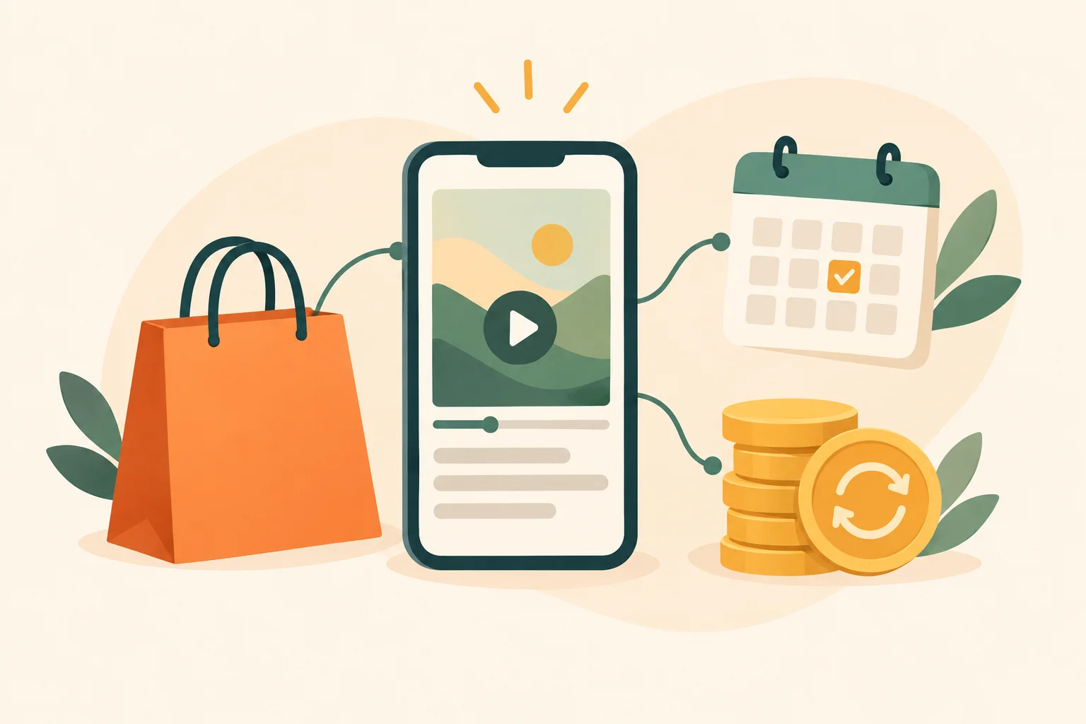 A simple editorial illustration of a vertical phone-shaped video card connected to a shopping bag and a booking calendar, balanced against recurring payment coins, with no words, letters, logos, screenshots, or real people.
