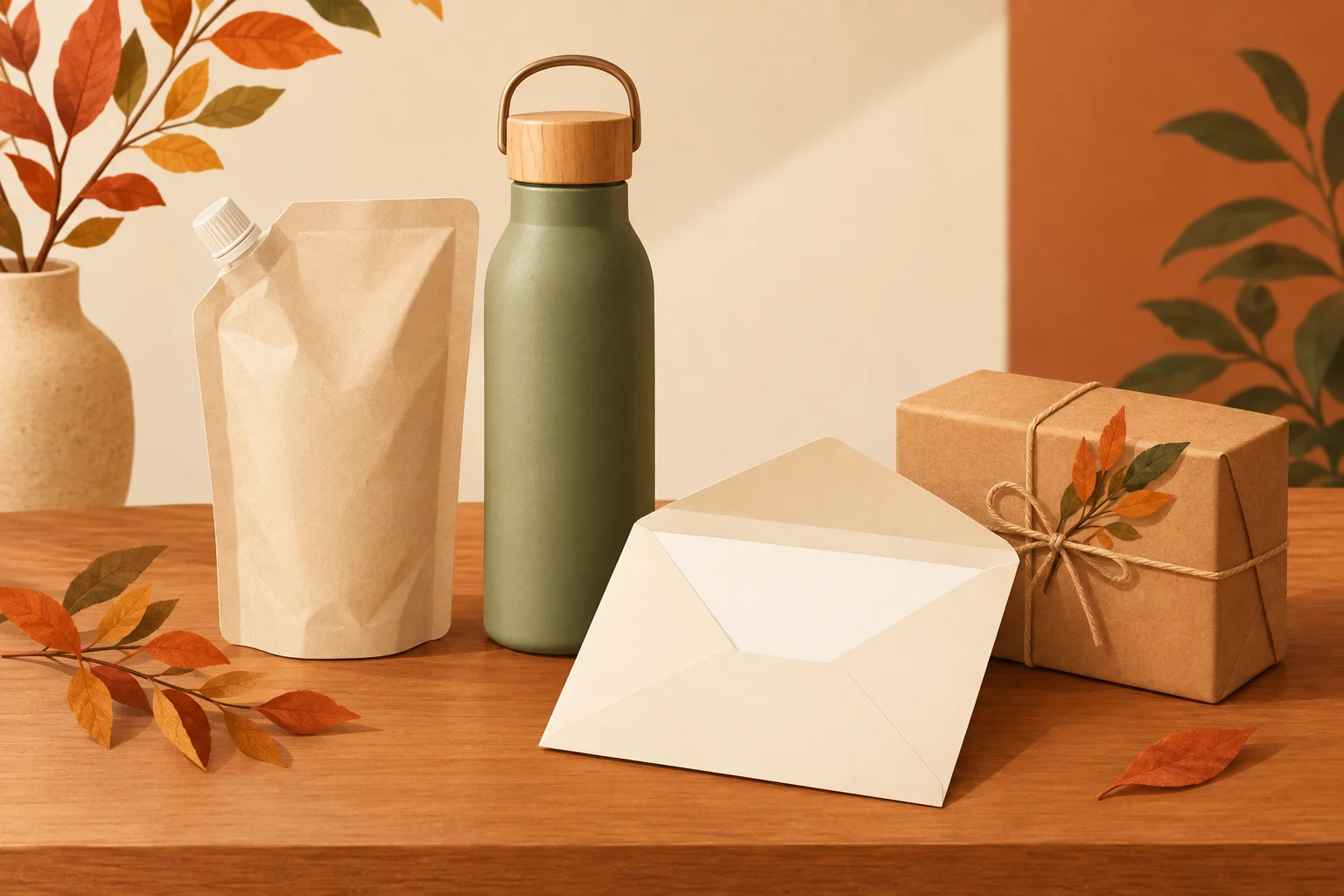 A simple editorial illustration of a refill pouch and reusable bottle beside an open blank envelope, with a small matching product parcel, using warm autumn colors and no words, letters, logos, screenshots, or people.