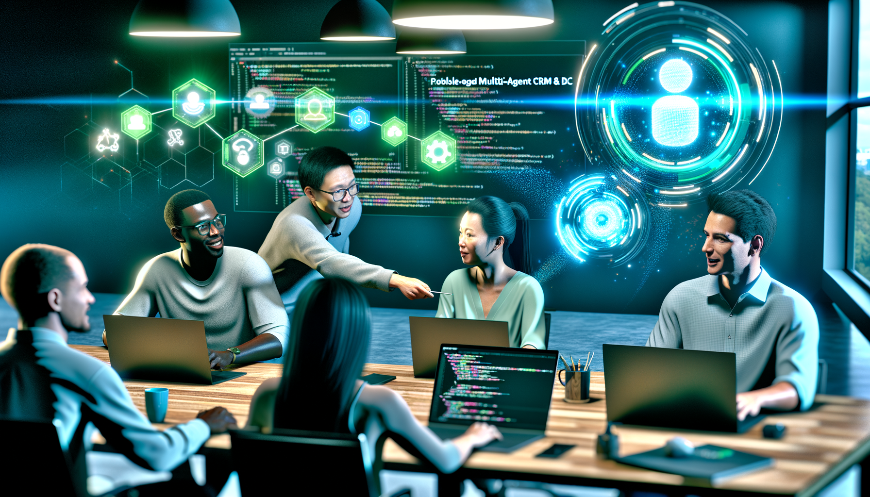 Code review meeting showcasing AI in CRM development.