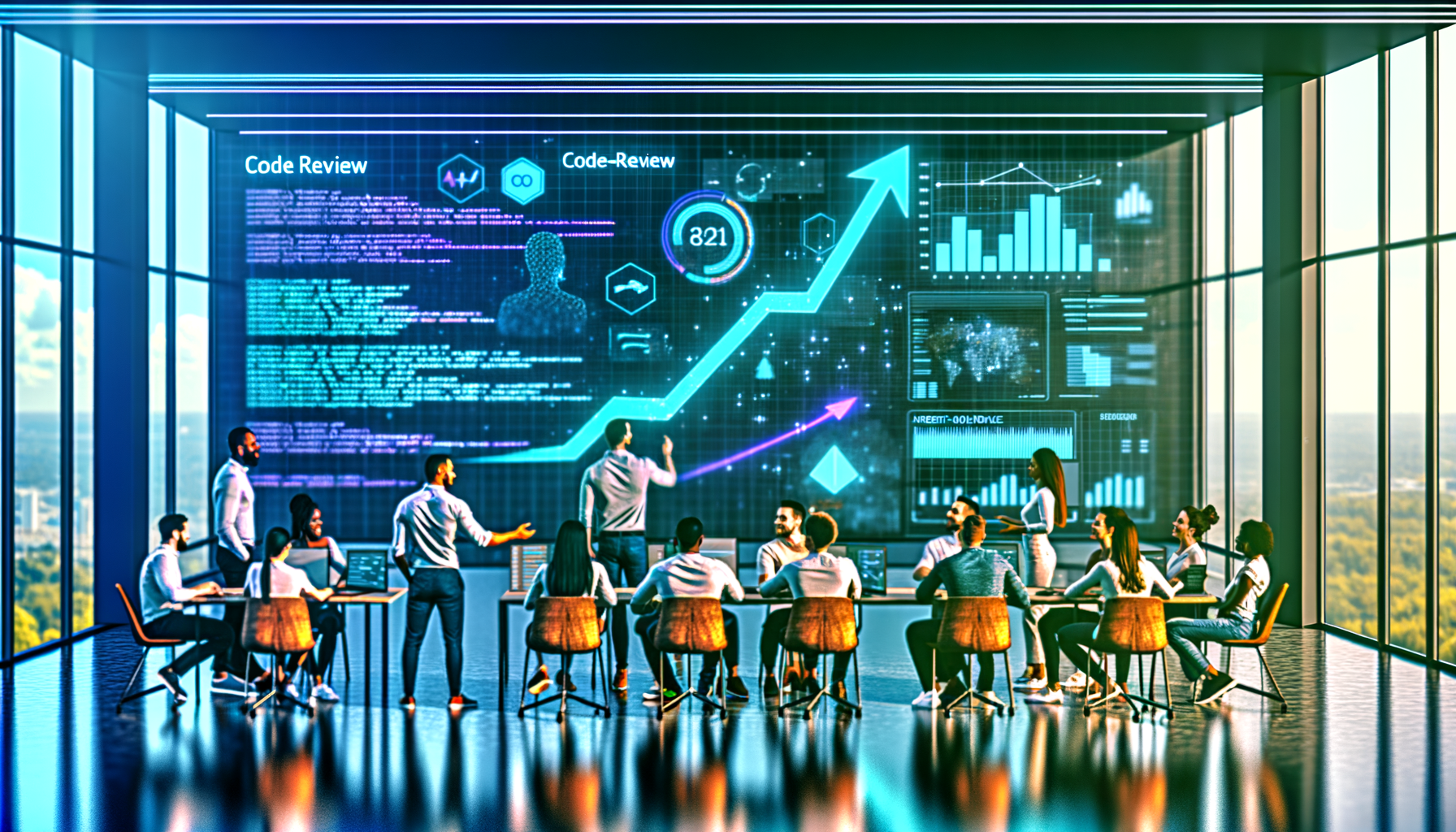Developers reviewing AI SEO strategy code.