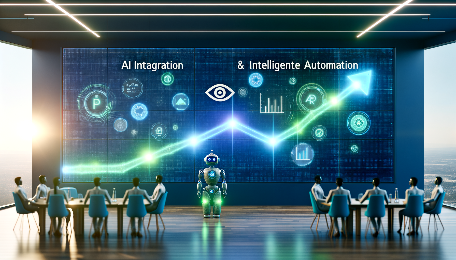 Analytics graph with AI and RPA integration effects.