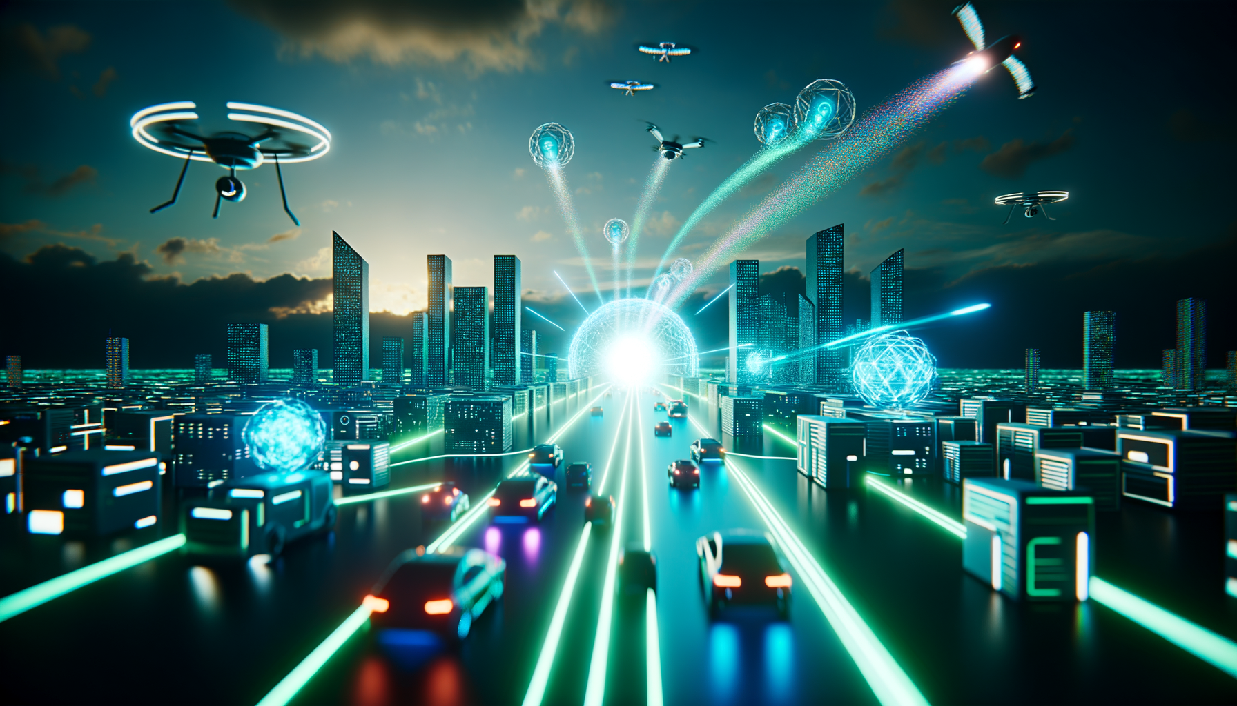 Impression of future city with AI innovations.