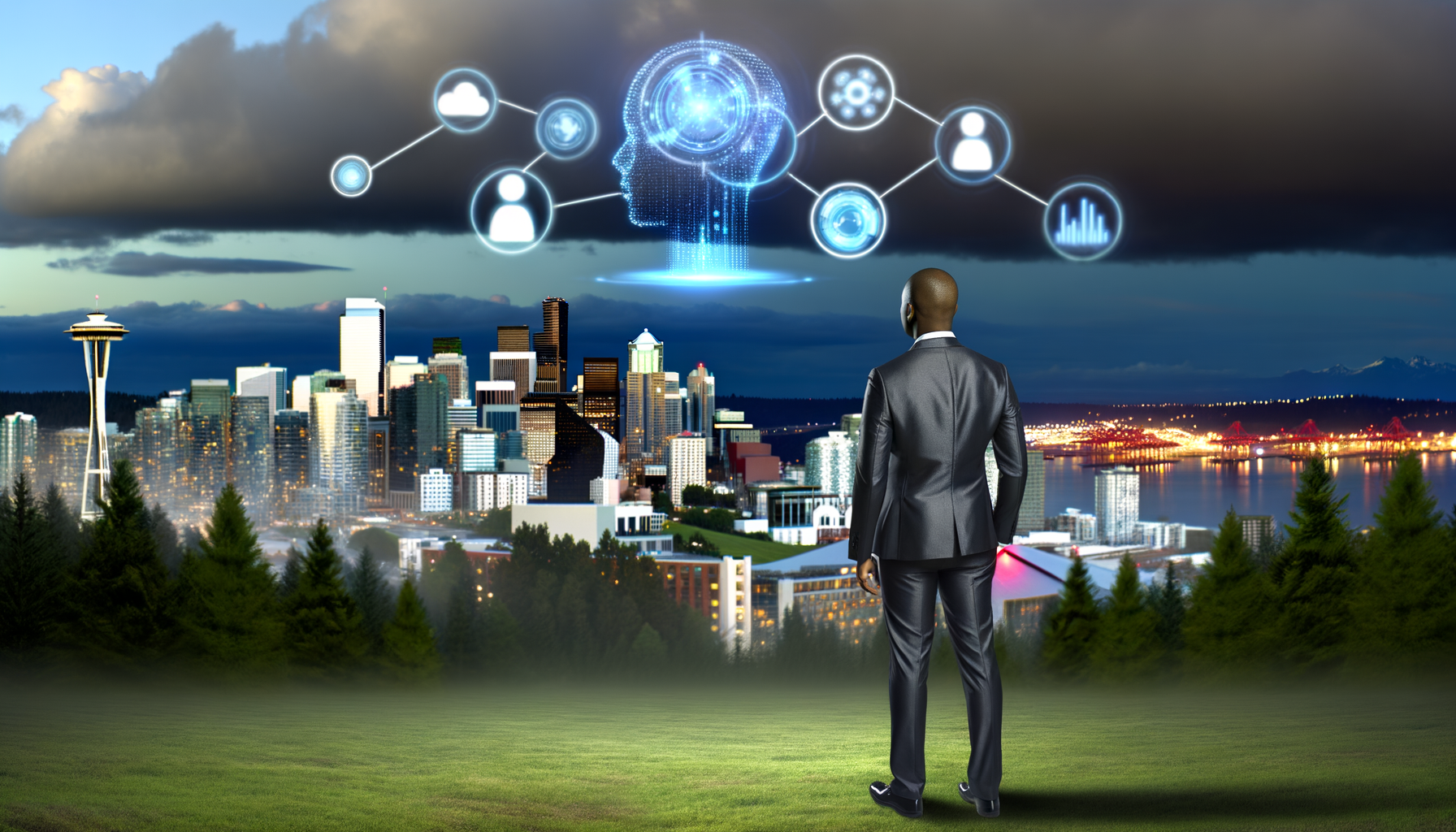 Tech leader envisioning future AI advancements over Seattle skyline.