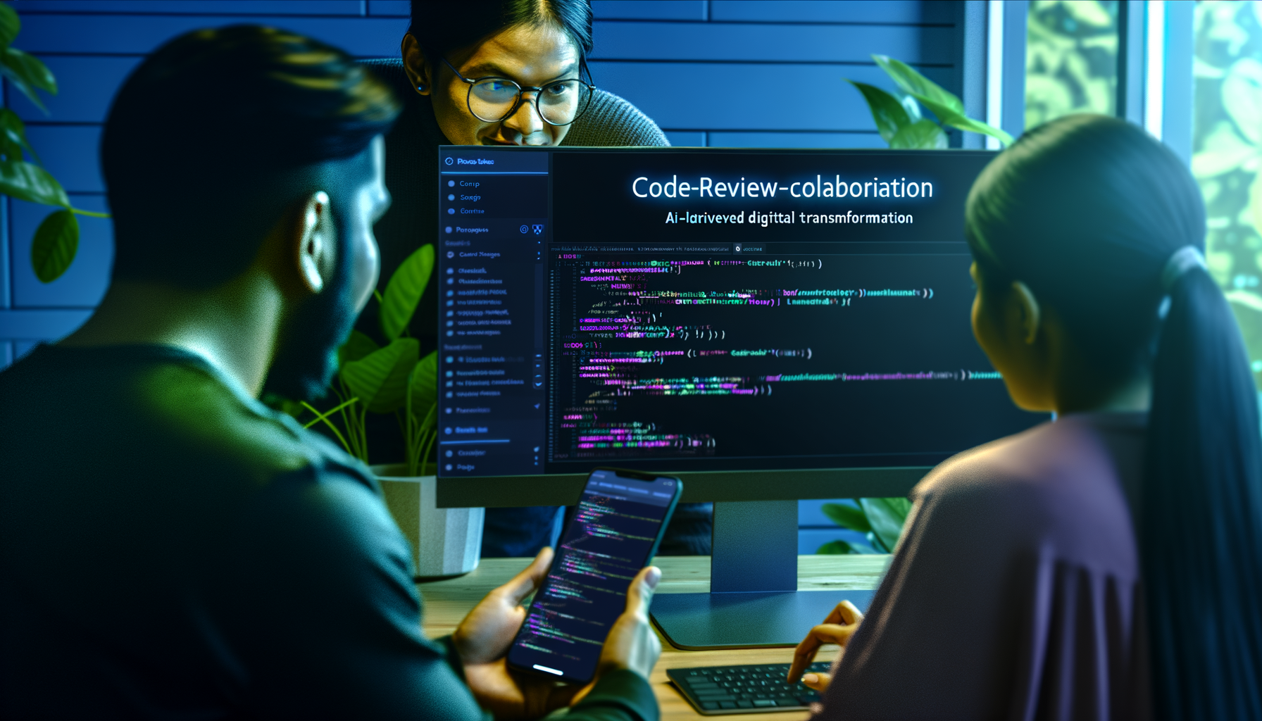 Developers collaborating on cross-platform mobile app code.