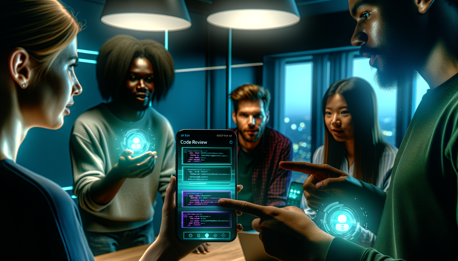 Developers collaborating on cross-platform mobile app code.