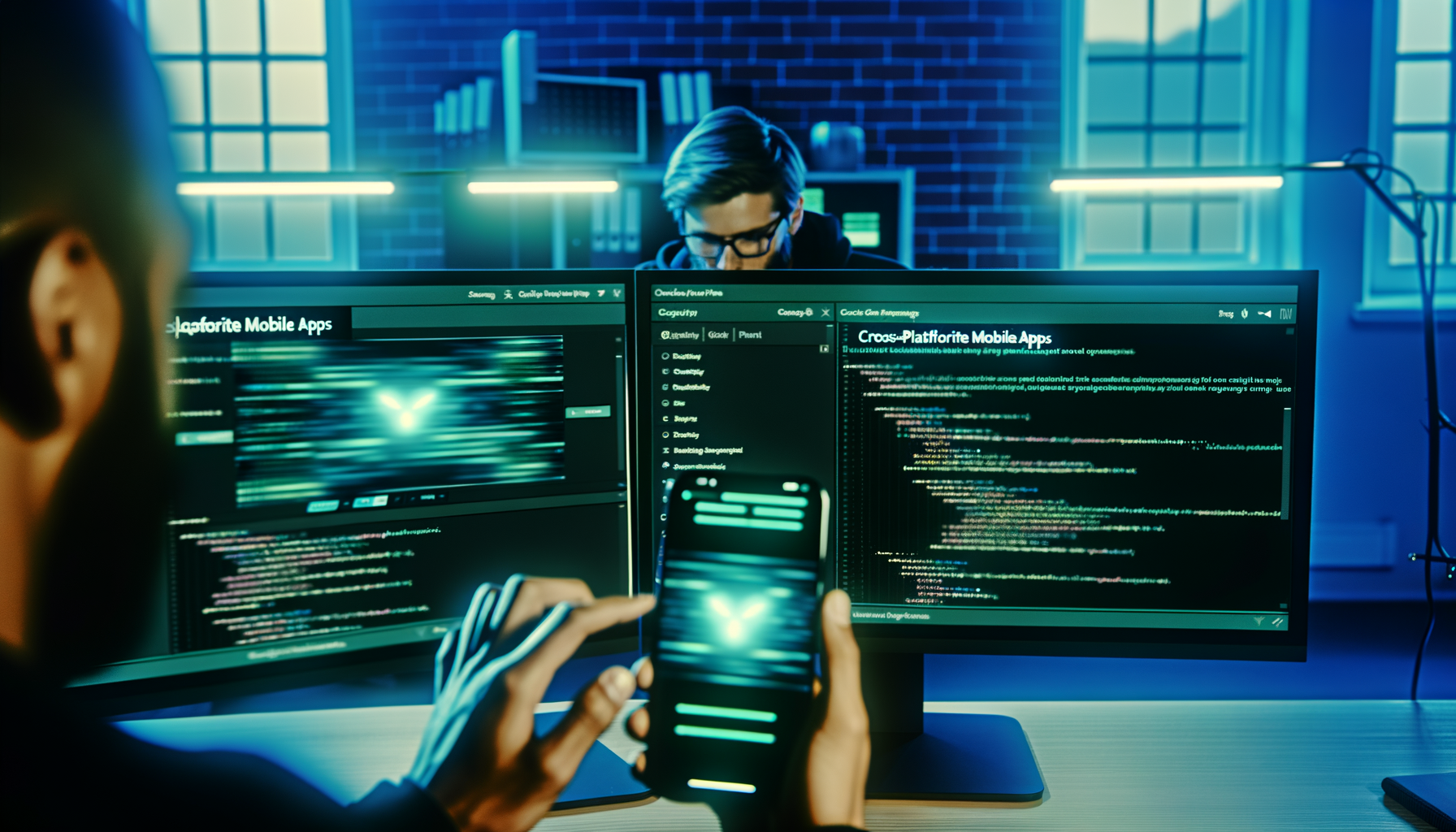 Developers analyzing cross-platform app code.