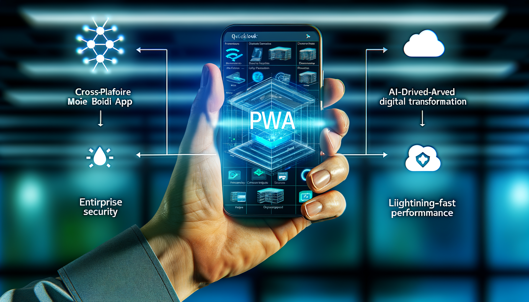 PWA architecture diagram highlighting cross-platform features.