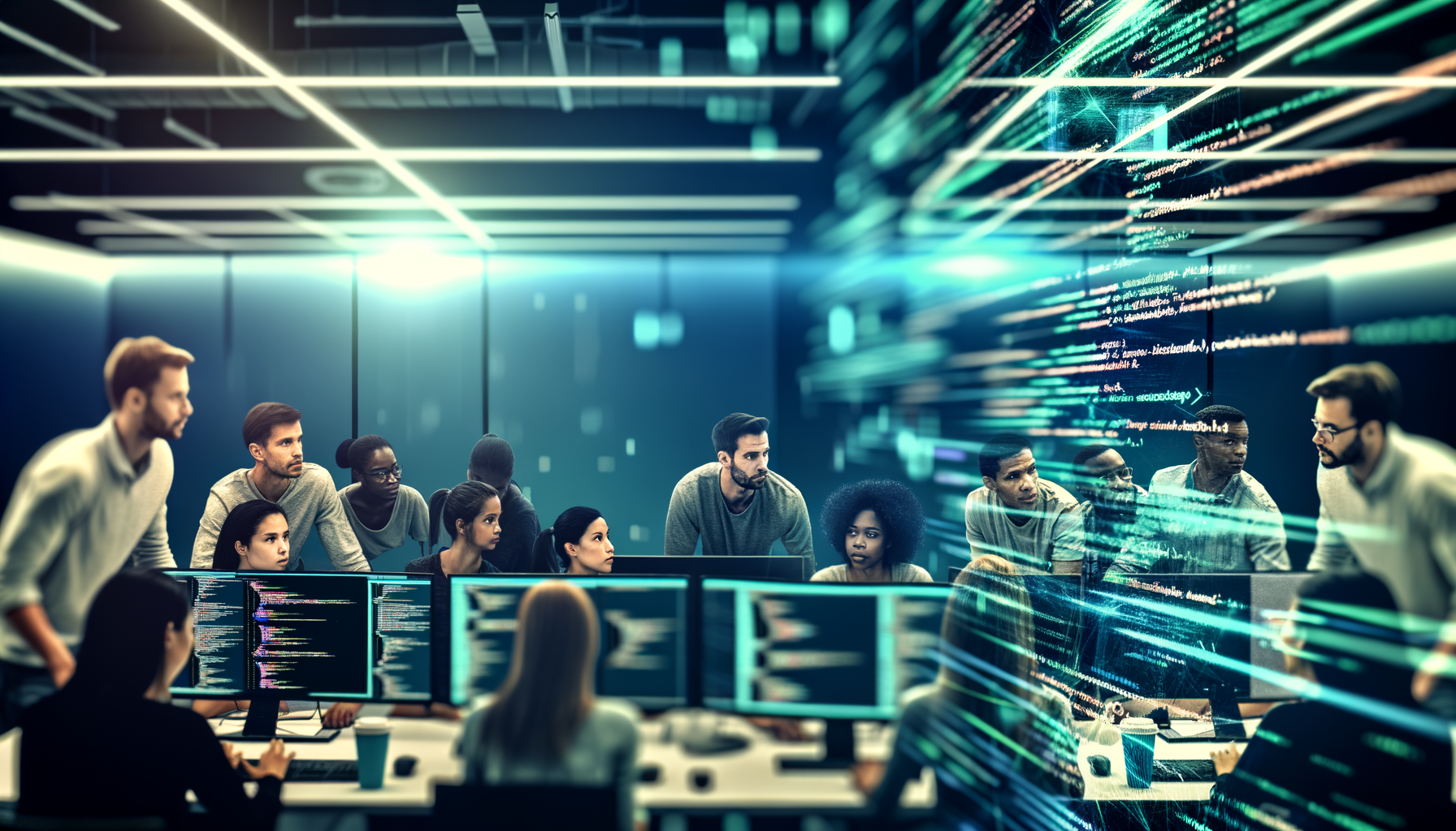 Developers working on custom software with code visible.