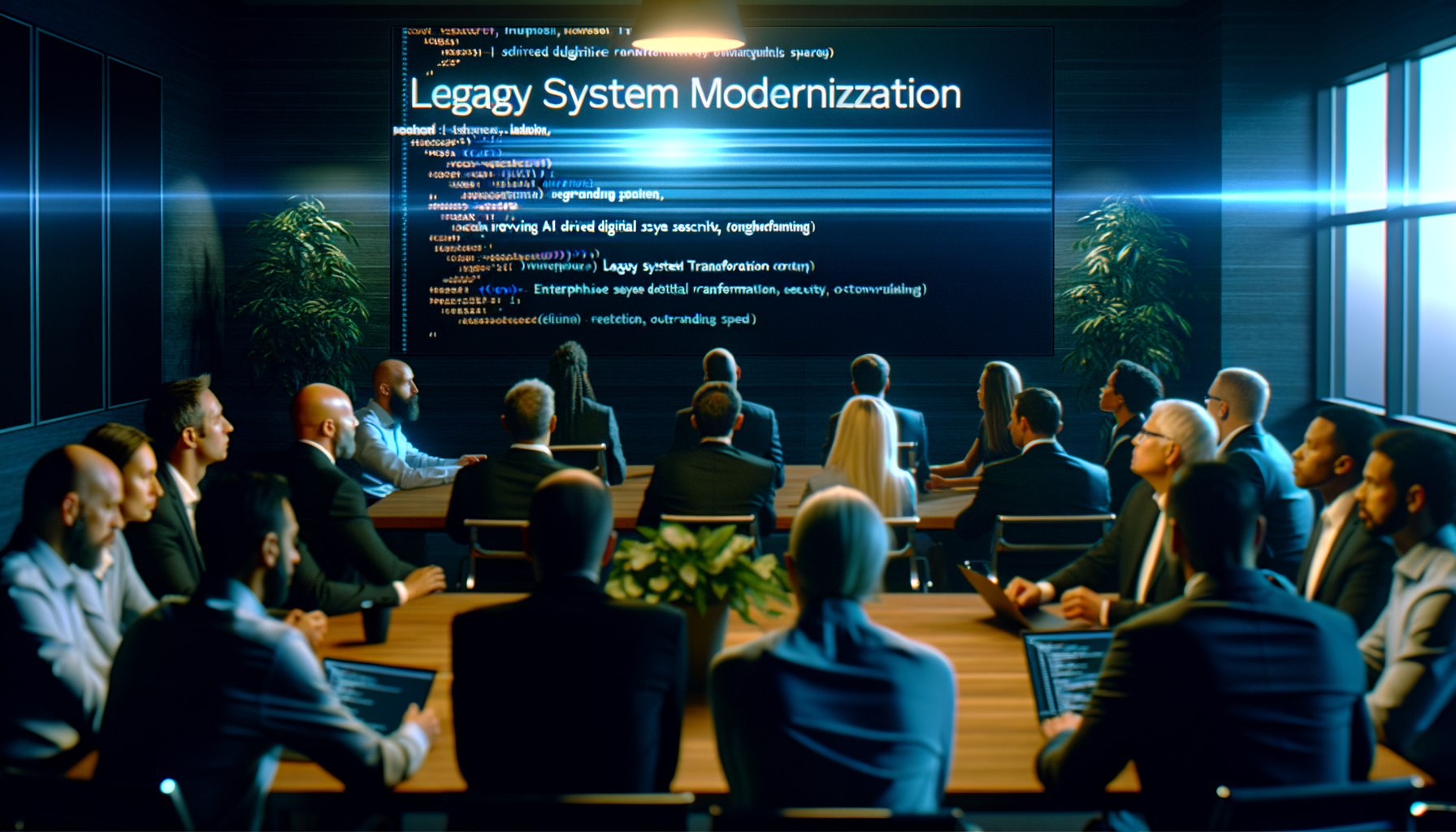 Team reviewing legacy system code for modernization.