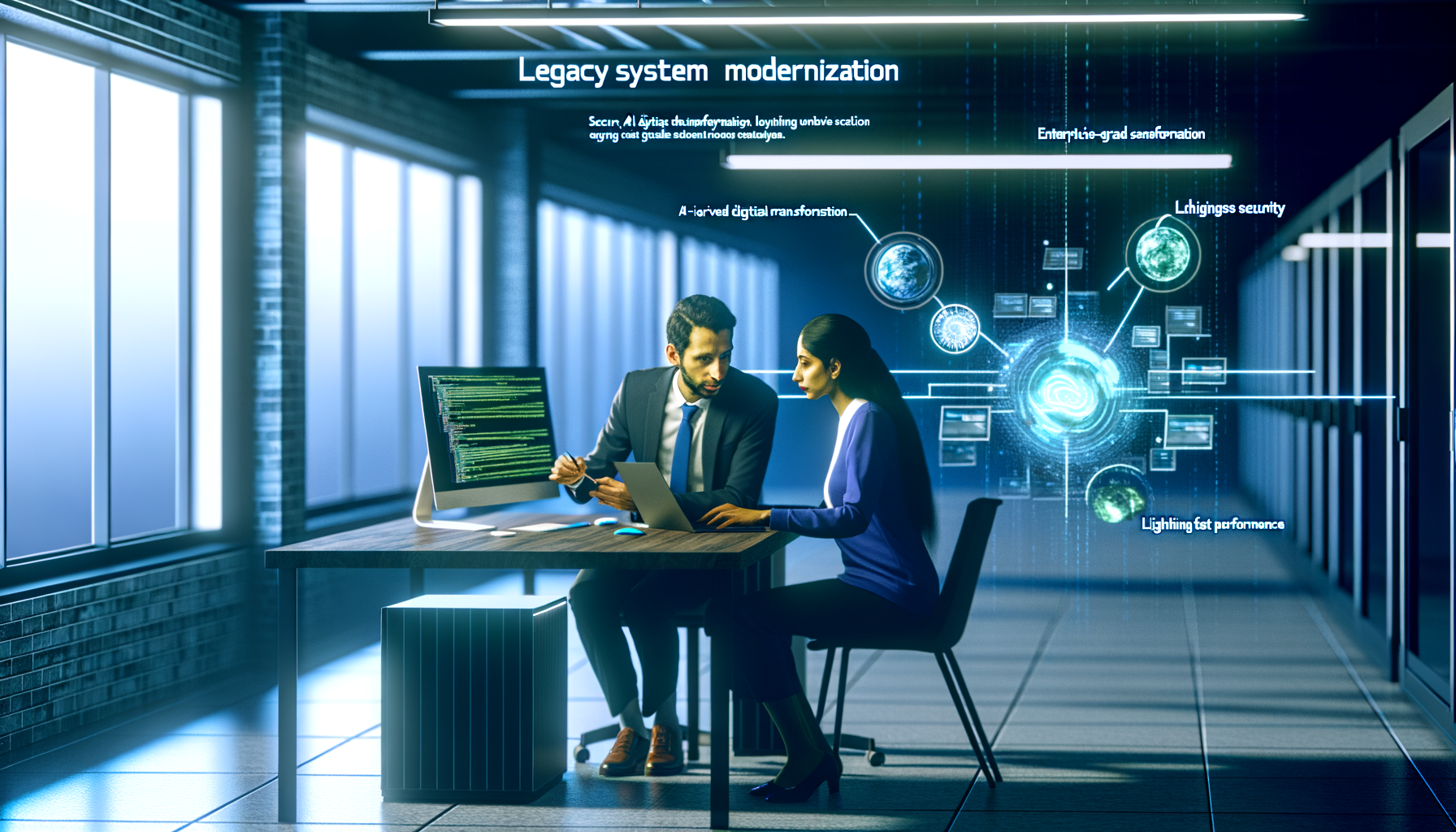 Developers collaborating on legacy system modernization code review.