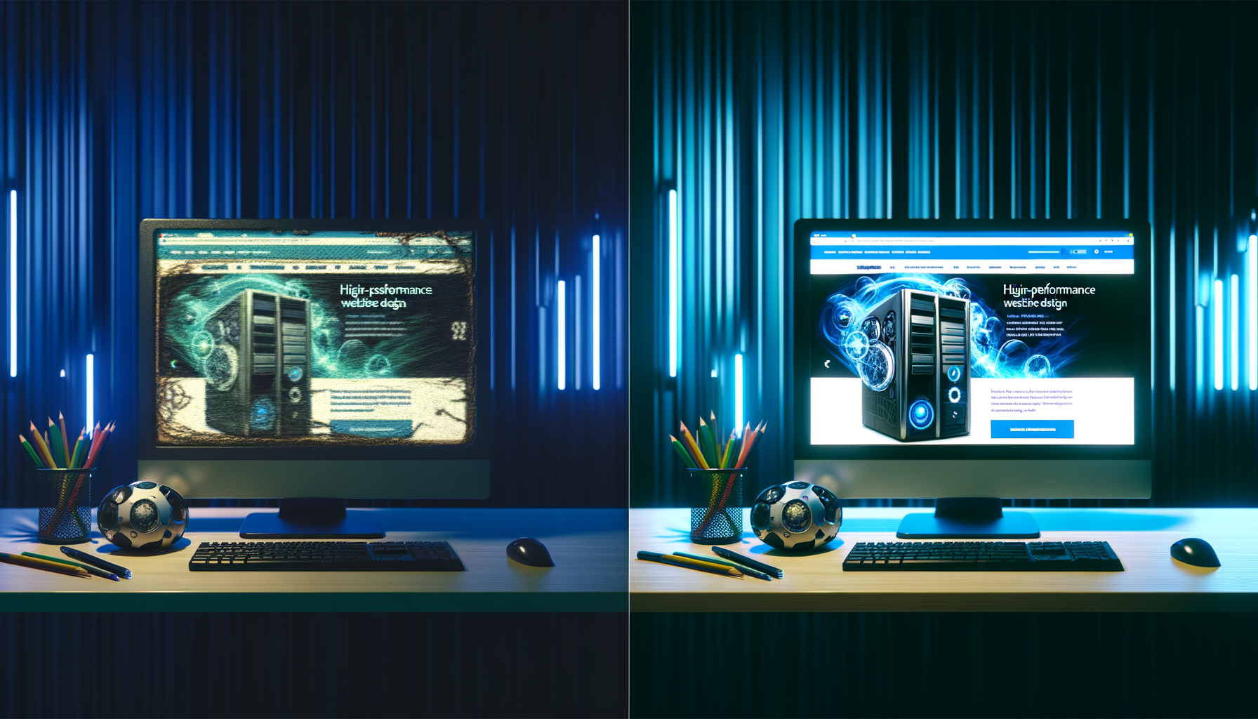 Legacy system vs. modern high-performance website transformation.