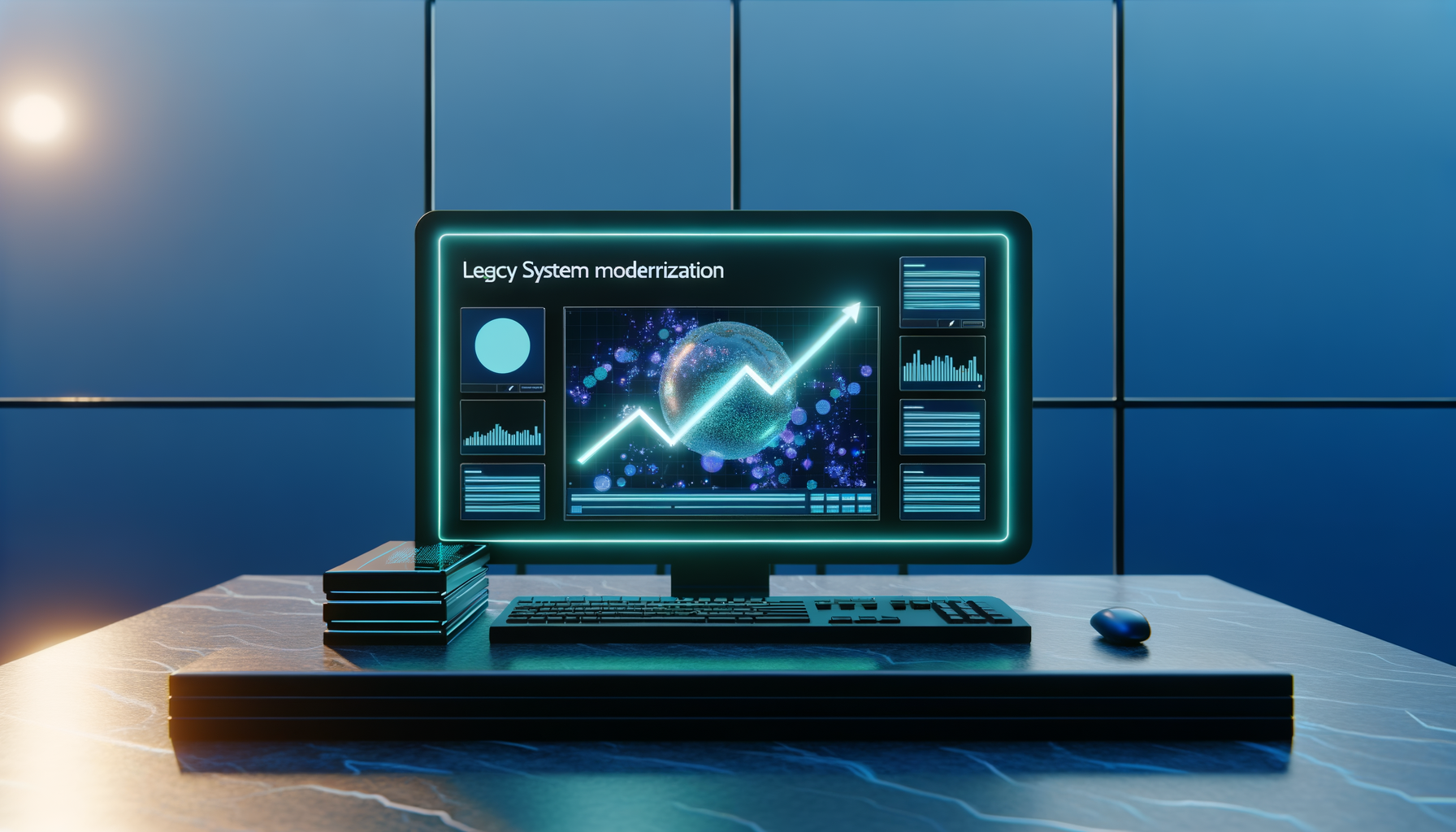 AI analytics dashboard with upward-trending graphs.
