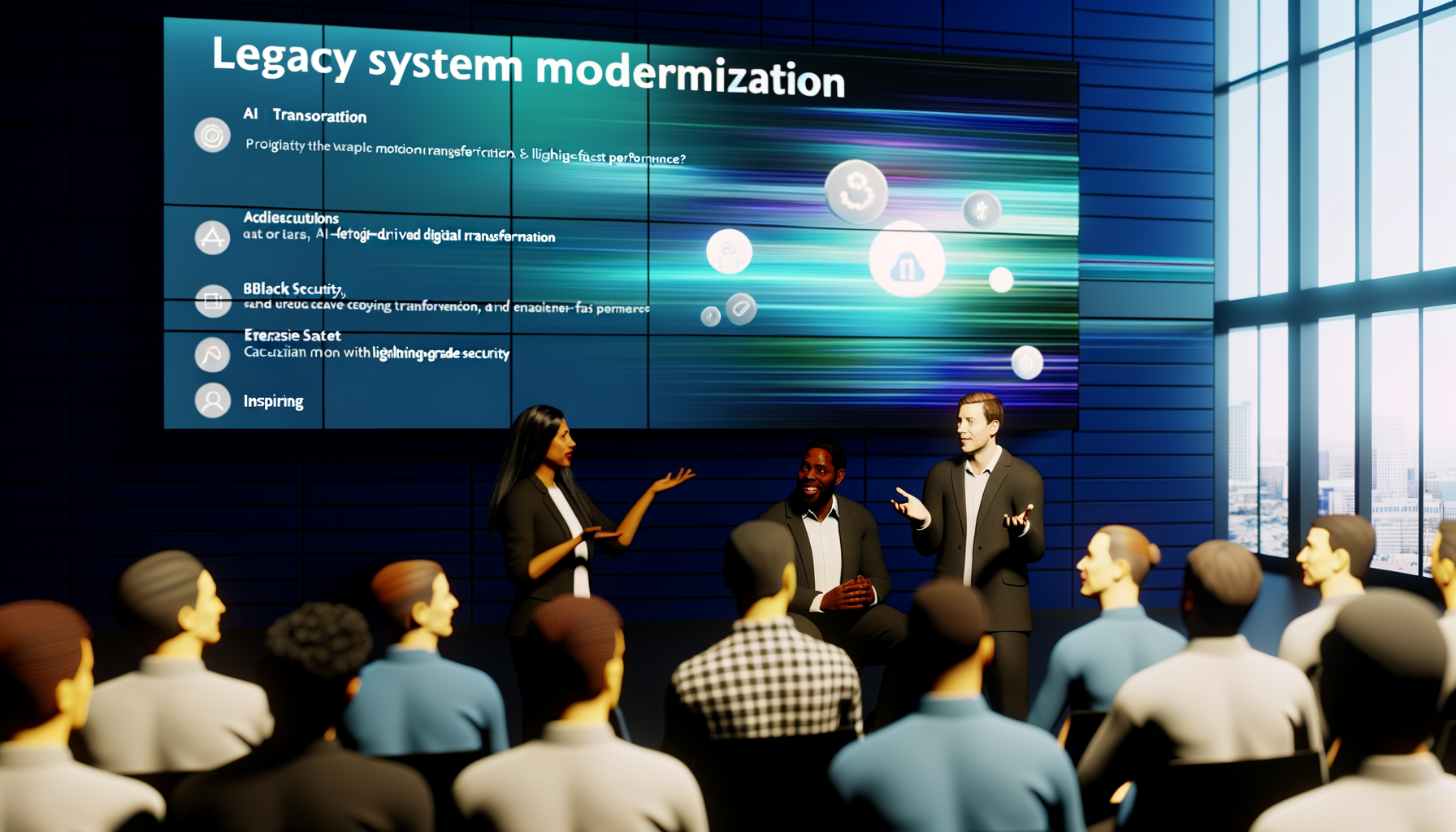 Conference attendees discussing legacy modernization FAQs.