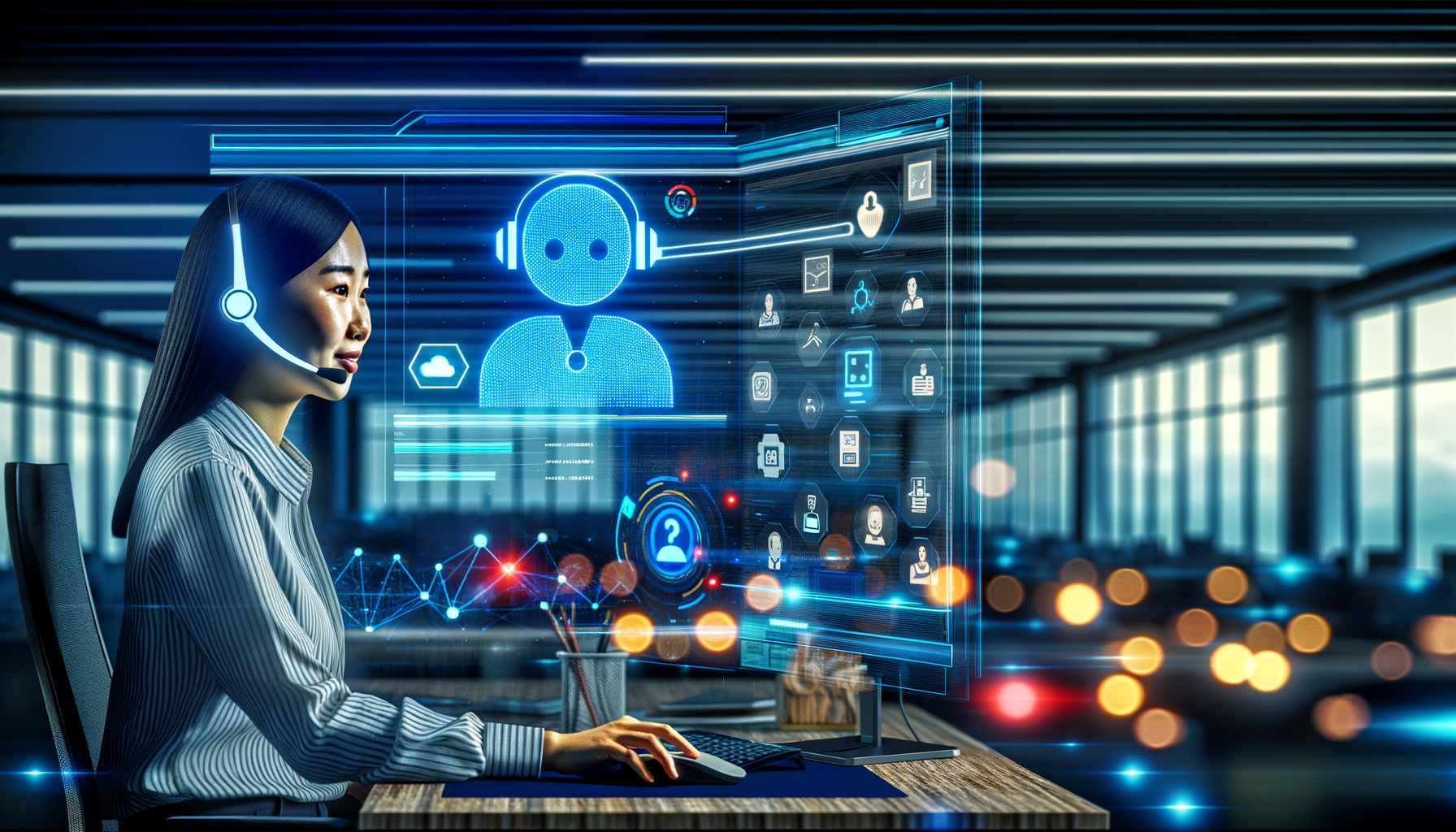 Digital assistant on screen with customer service agent.
