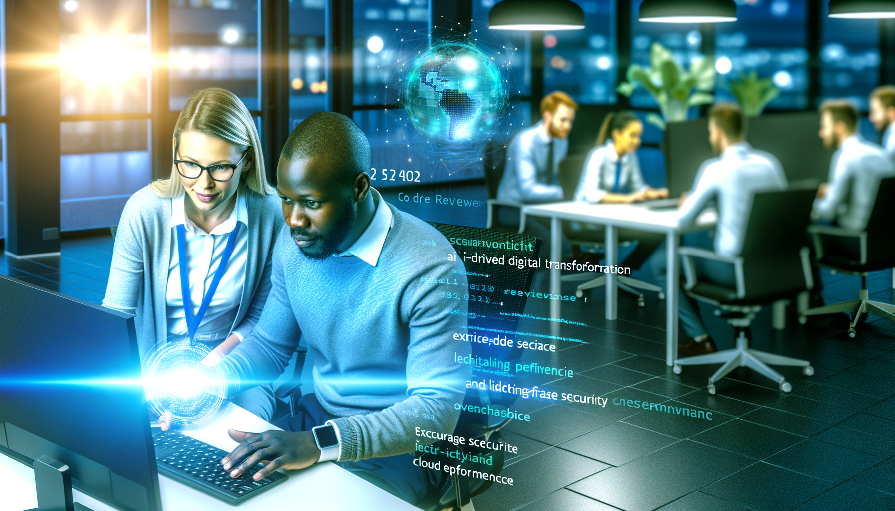 Developers engaged in code-review collaboration.