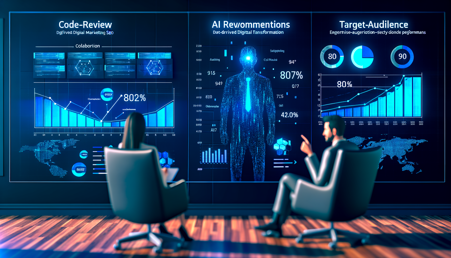 Developers reviewing AI-driven SEO code.