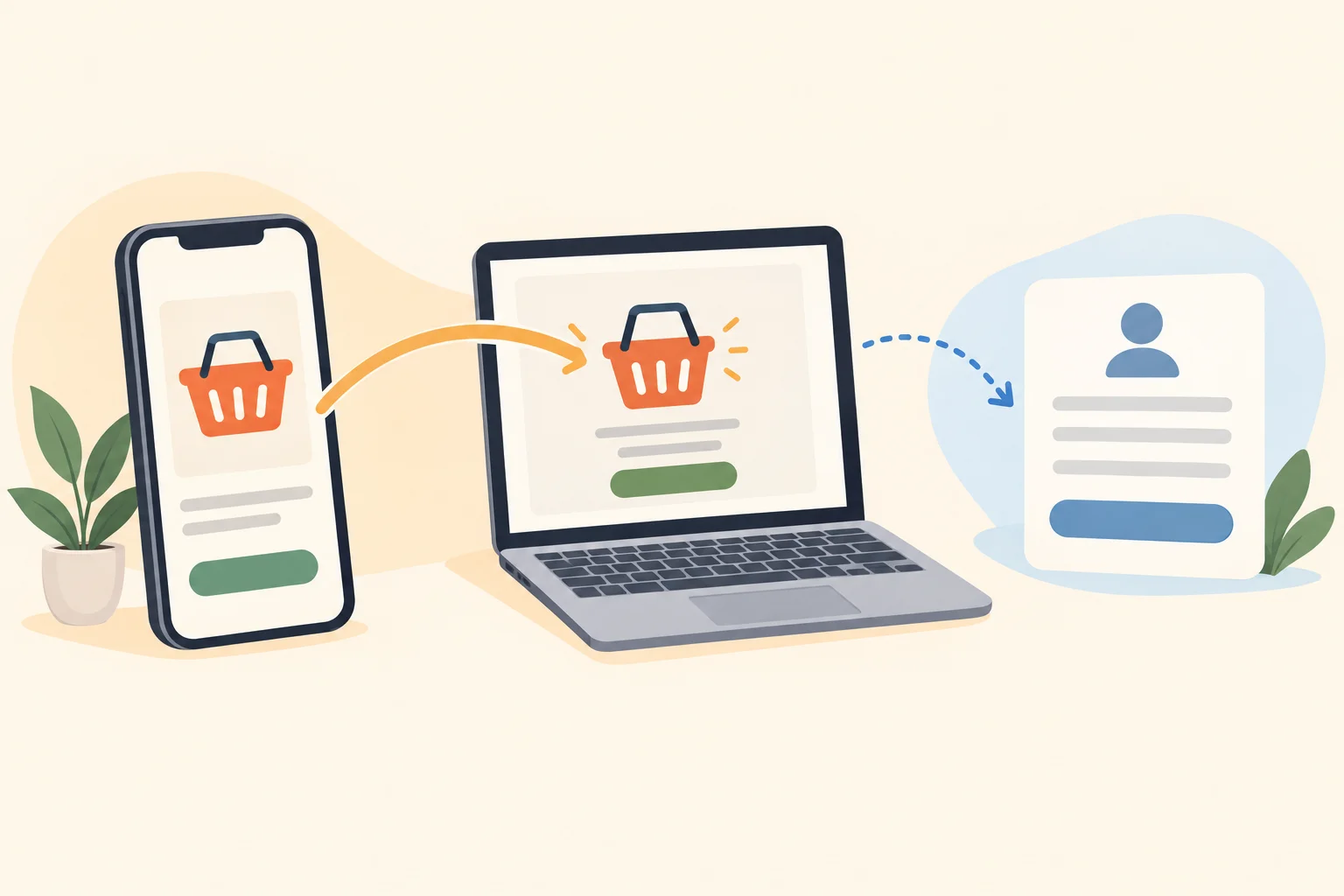 A simple editorial illustration of a shopping basket moving between a phone and a laptop beside a separate guest checkout path, with no words, letters, logos, screenshots, or real people.