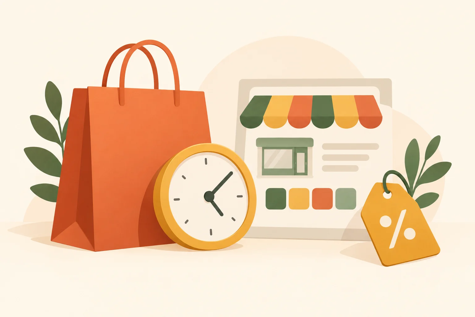 A simple editorial illustration of a shopping bag beside a clock, with matching colored tabs on a storefront card and a discount tag, without words, letters, logos, screenshots, or people.