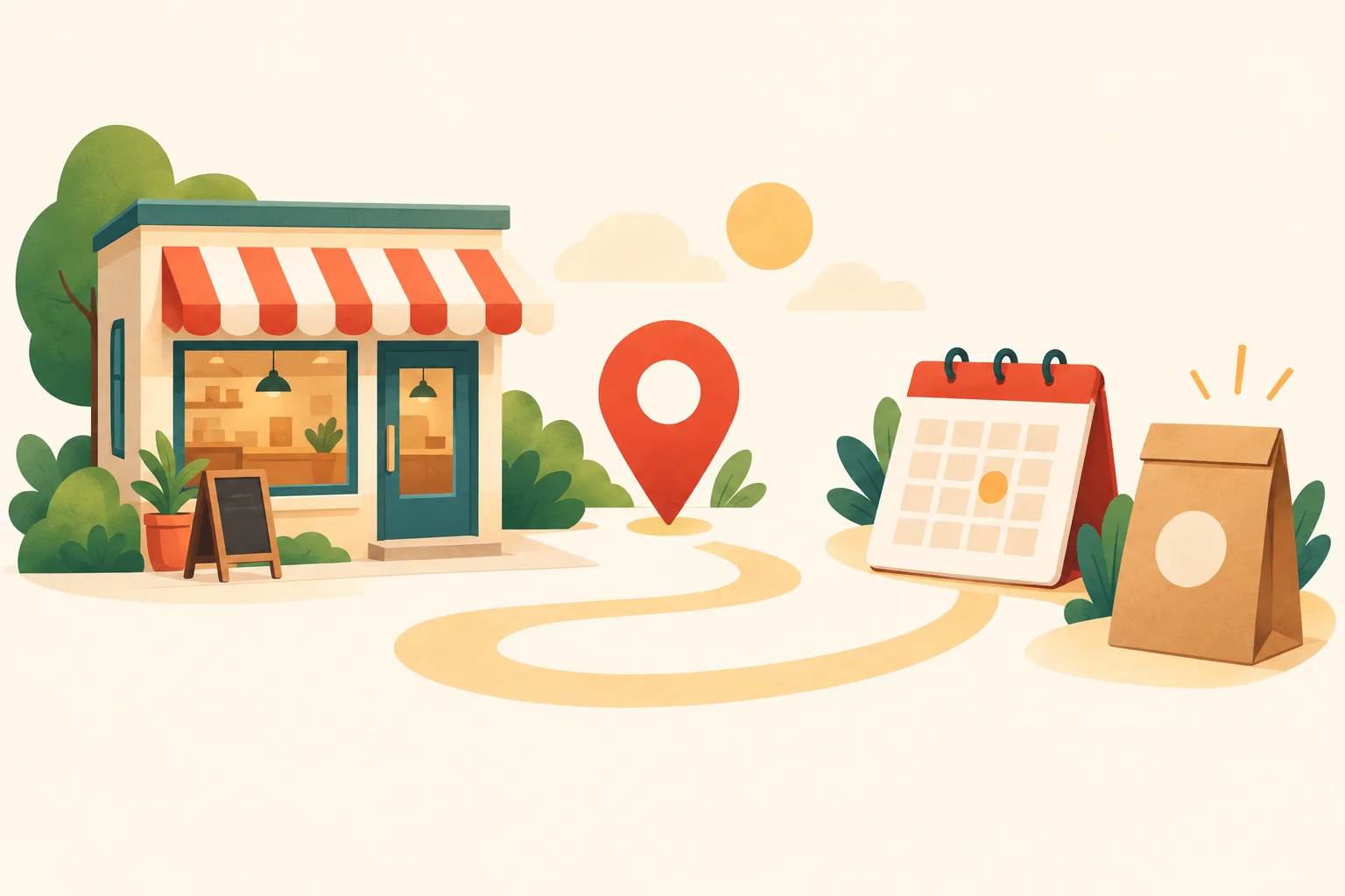 A simple editorial illustration of a small storefront beside an abstract map pin, with a clear path leading to a calendar and takeaway bag, using no words, letters, logos, screenshots, or real people.