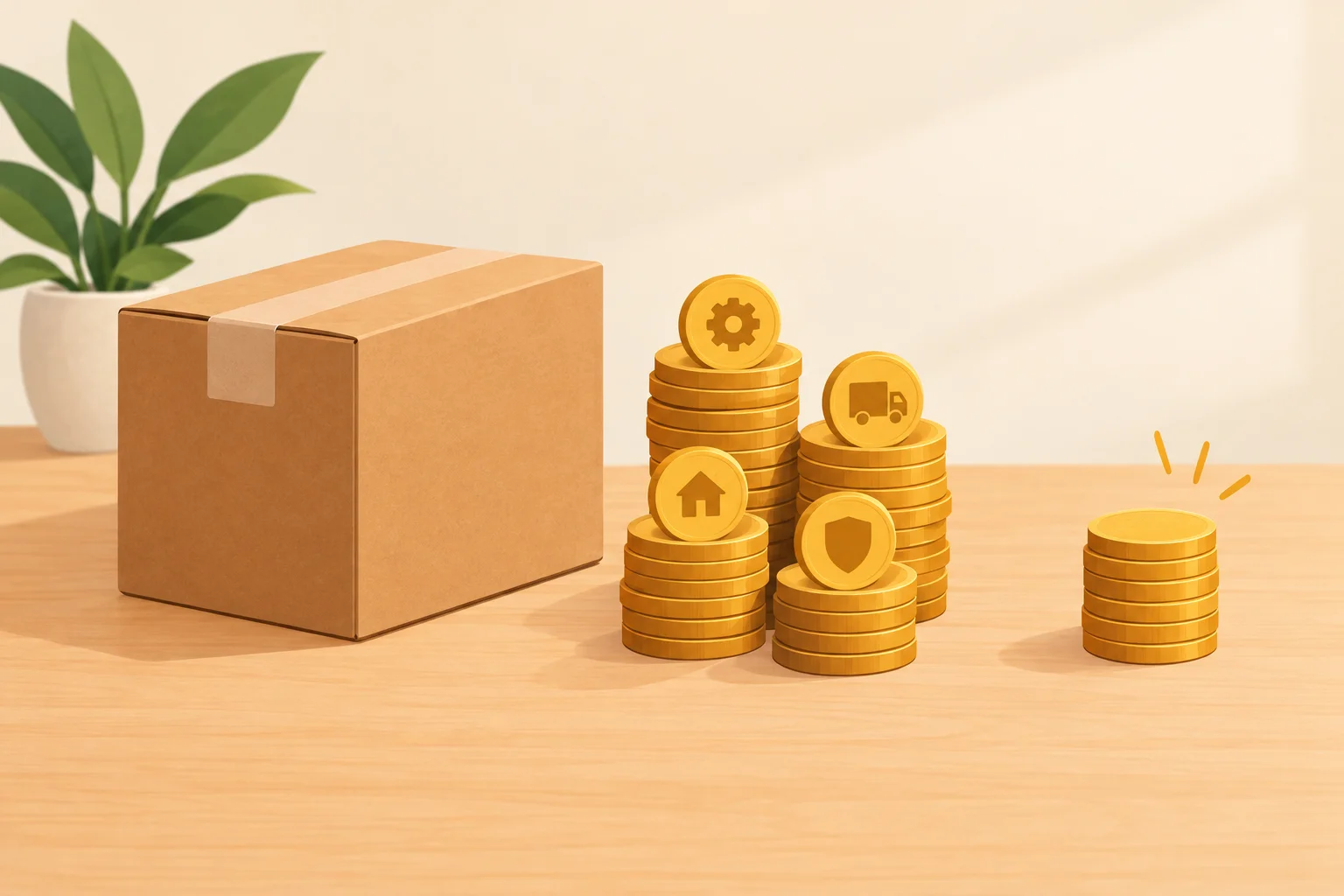 A simple editorial illustration of an order parcel beside coins separated into expense piles and a smaller remaining stack, with no words, letters, logos, screenshots, or people.