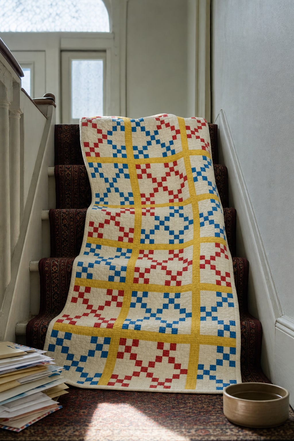 Primary Nine Lattice quilt pattern, Double Nine Patch block