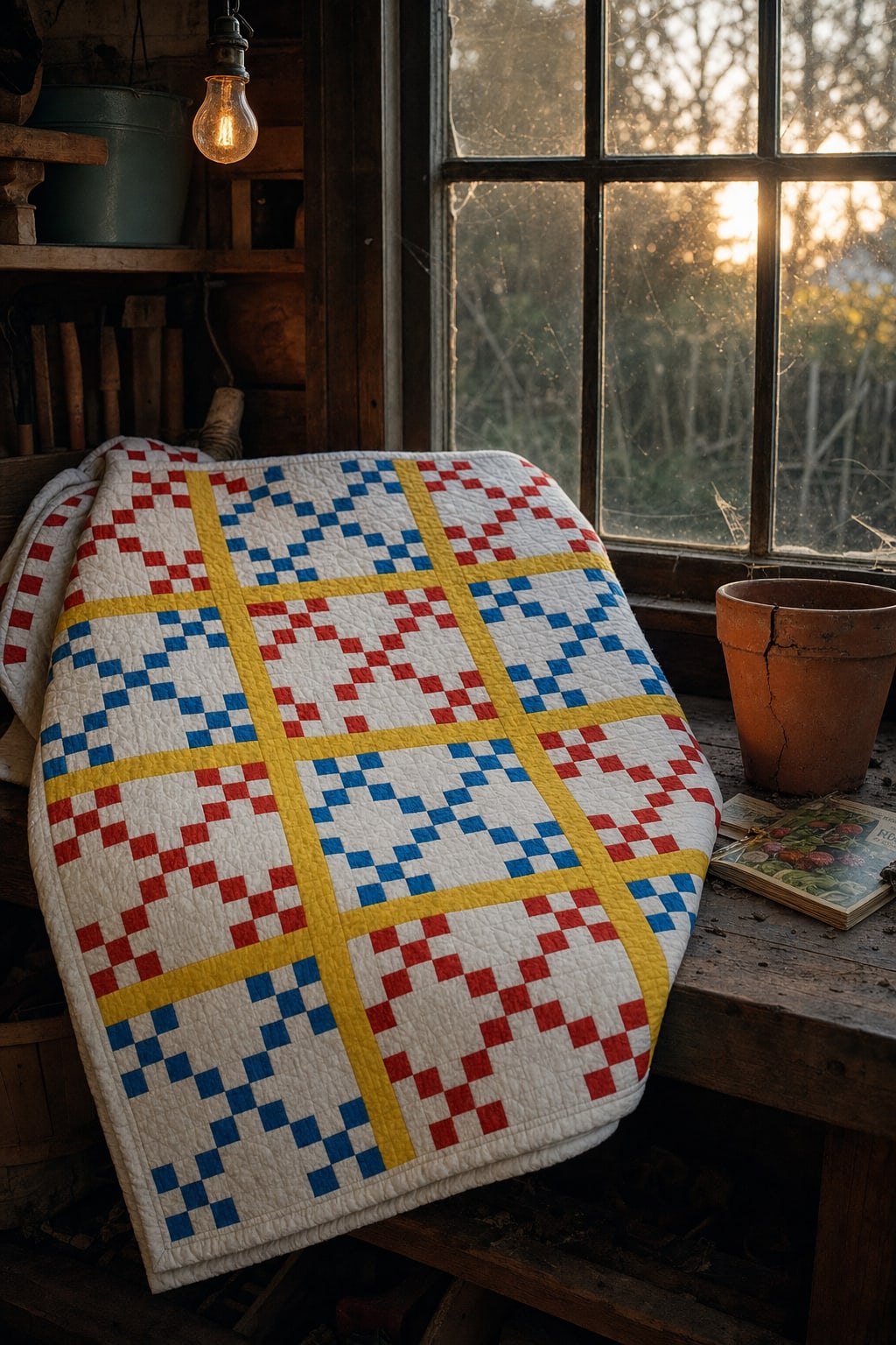 Primary Nine Lattice quilt pattern, Double Nine Patch block — view 3