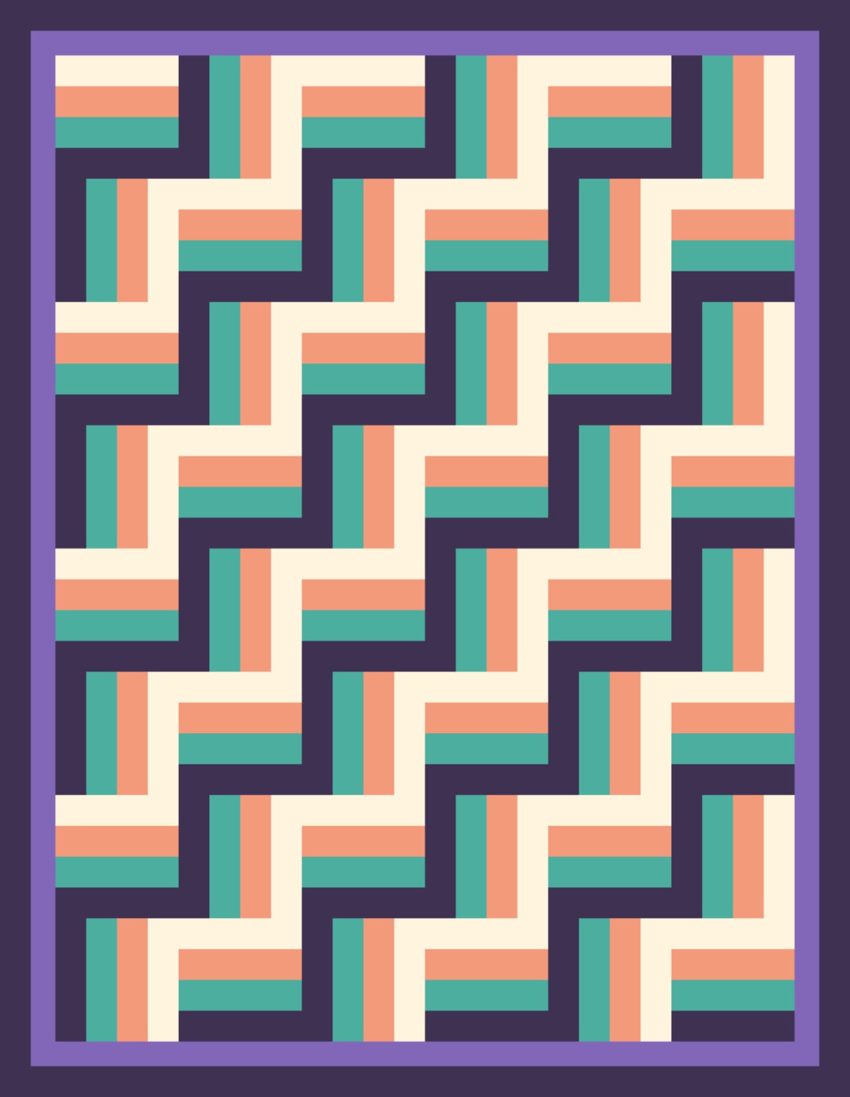 Teal Coral Rails quilt pattern, Rail Fence block — view 2