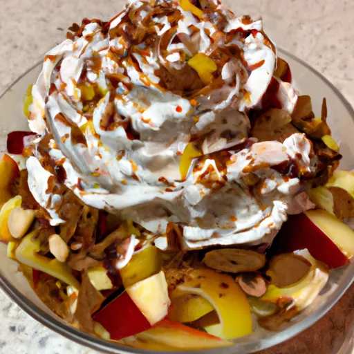 "A colorful and appetizing Snickers salad made with Snickers bars, apples, and whipped cream served in a bowl"