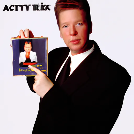 "Rick Astley holding a cryptic album cover"