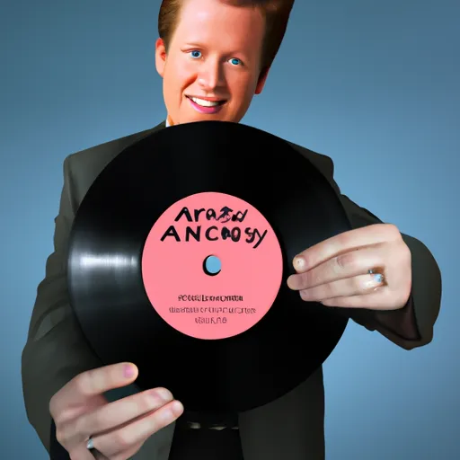 "Rick Astley holding a vinyl record of his famous song"