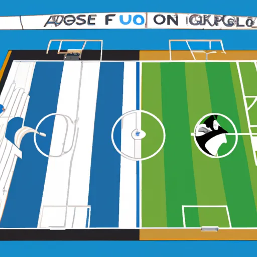 "A soccer field with Brighton & Hove Albion and Newcastle United logos on either half"