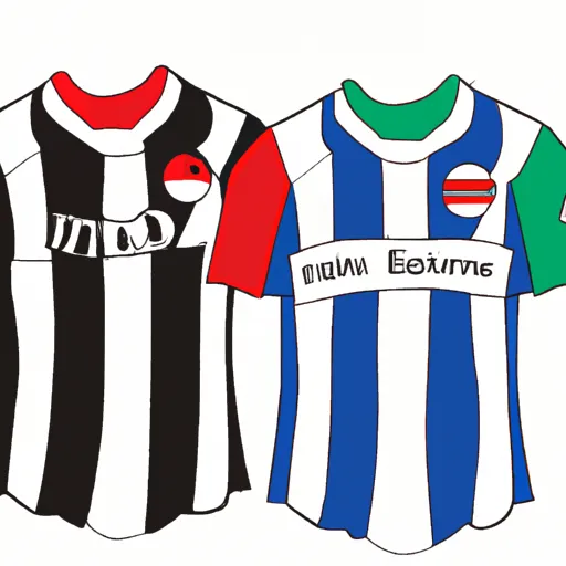 "Two soccer jerseys one for Brighton & Hove Albion and another for Newcastle United with a soccer ball in the middle"