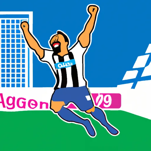 "A football player celebrating a goal with Brighton and Newcastle logos in the background"