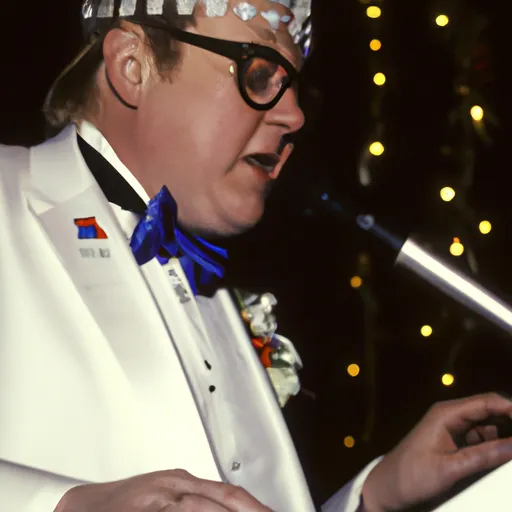 "Elton John in white tie and tiara at his charity ball"