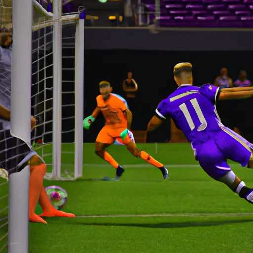 "Orlando City player scoring a goal against Inter Miami in a soccer match"