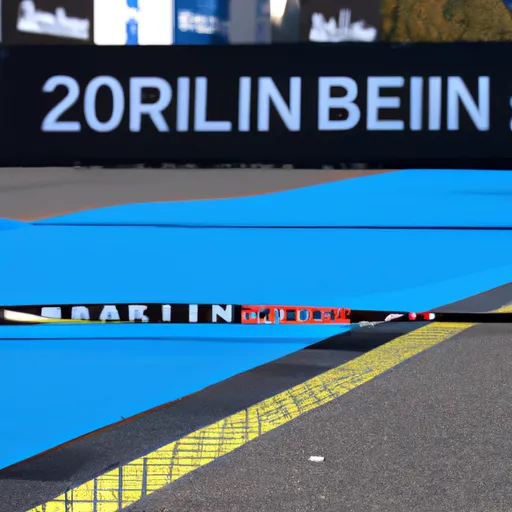 "Berlin Marathon 2021 finish line with a broken world record symbol"