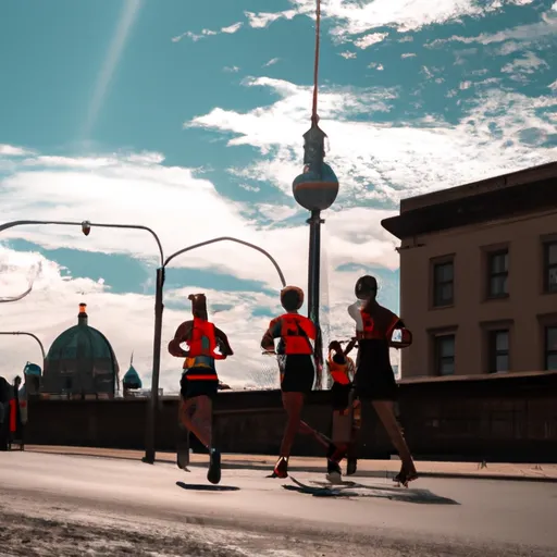 "Athletes running in the Berlin Marathon with iconic Berlin landmarks in the background"