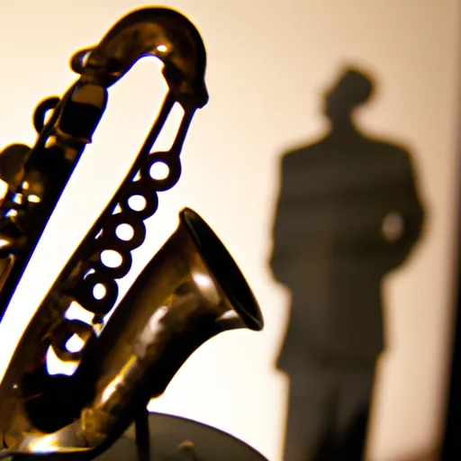 "Antique saxophone with inventor's silhouette in the background"