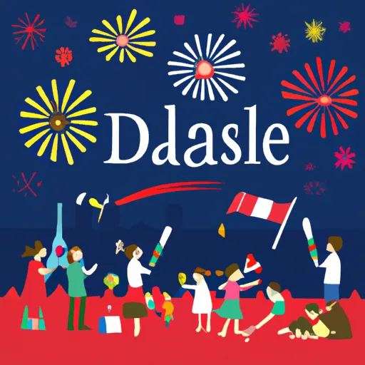 An illustration of people in France celebrating Bastille Day with fireworks, parades, and picnics.