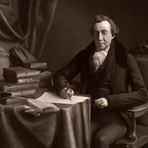 "Portrait of Simon Carlyle as a historian with books and pen in hand"