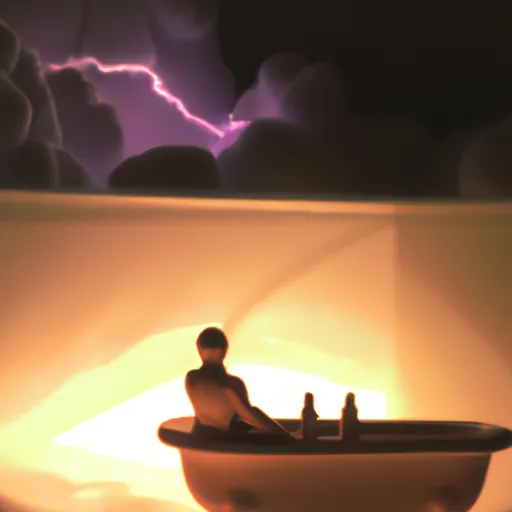 "A person taking a bath during a thunderstorm with lightning in the background"